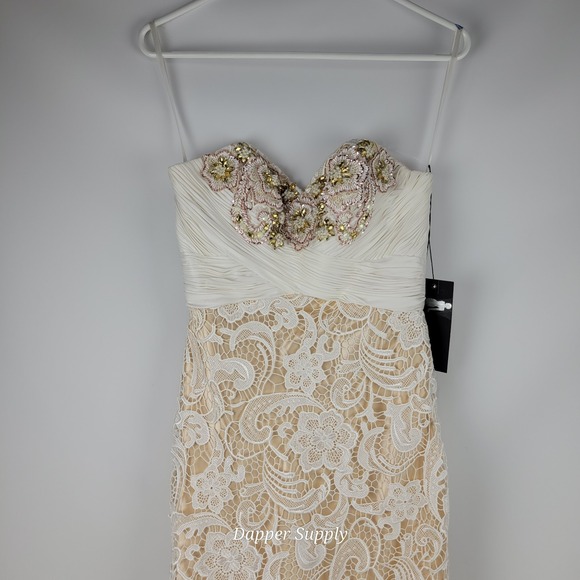 Mac Duggal Ivory/Nude Mermaid Beaded Dress Sz 6 White Floral W/ Train - Picture 6 of 16